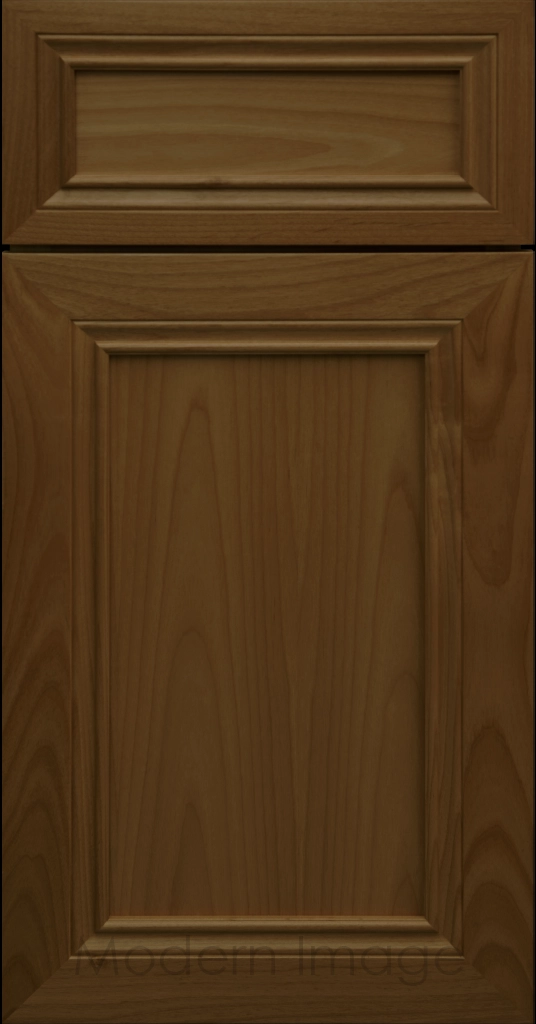 Corona Flat Panel Kitchen Cabinet in Cognac Stain with mitered molding